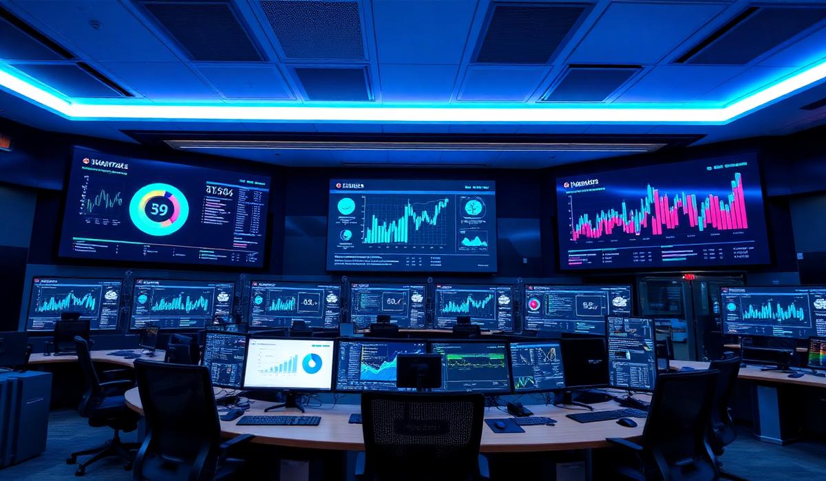 Modern bank operations center with AI analytics dashboards on large screens