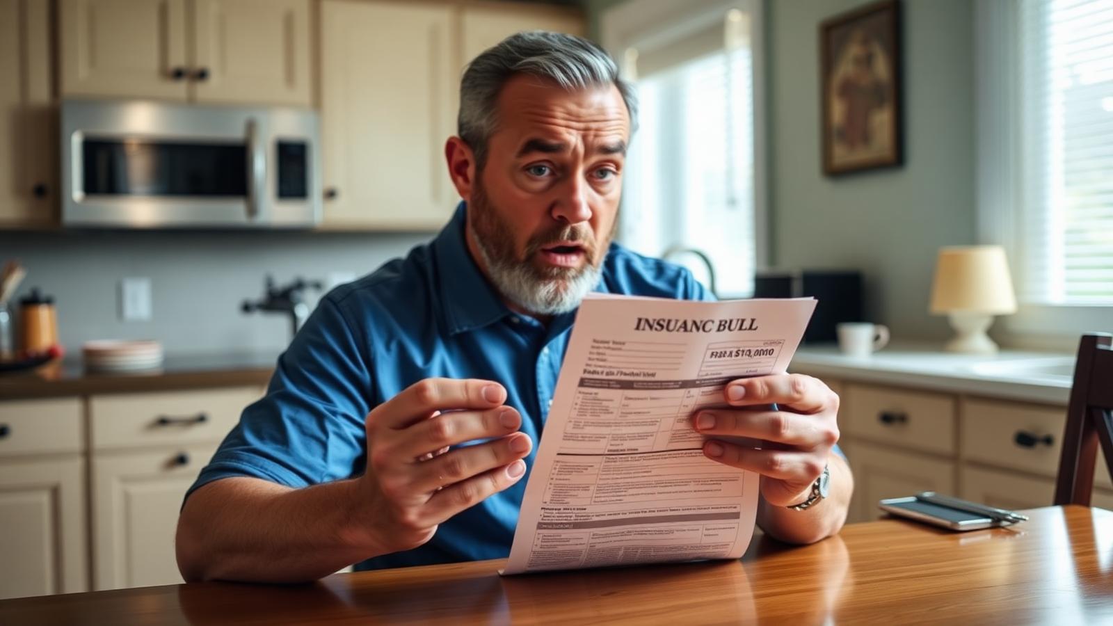 Shocked middle aged Florida homeowner sitting at kitchen table reading insurance bill showing $11000 annual homeowners premium representing 2026 affordability crisis