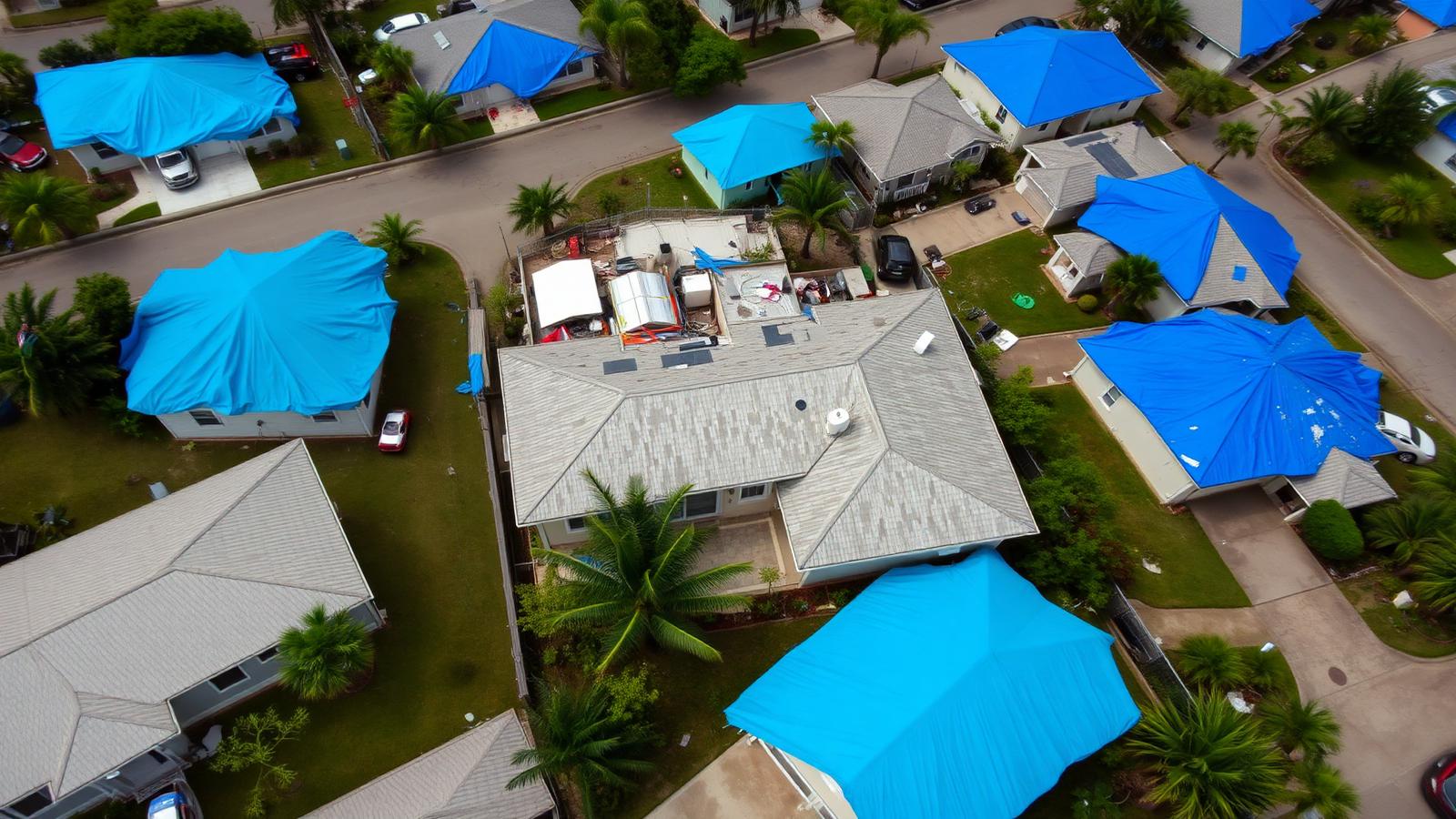 Aerial drone view of Florida residential neighborhood with widespread blue tarp covered hurricane damaged roofs after major storm representing structural climate risk driving 2026 insurance crisis