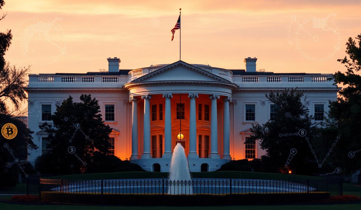 White House at golden hour with subtle cryptocurrency symbols representing Trump's support for the GENIUS Act
