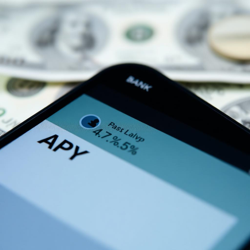 Smartphone displaying a high-yield savings account mobile banking app with 4.75% APY prominently displayed above a stack of US dollar bills
