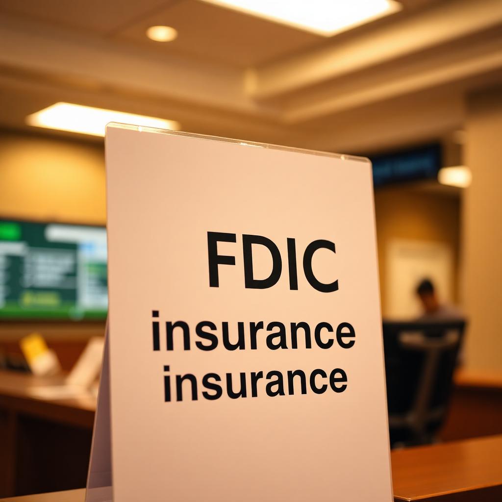 FDIC insurance sign displayed on a bank teller counter under warm indoor lighting reminding depositors that their high-yield savings account balance is federally insured up to $250,000