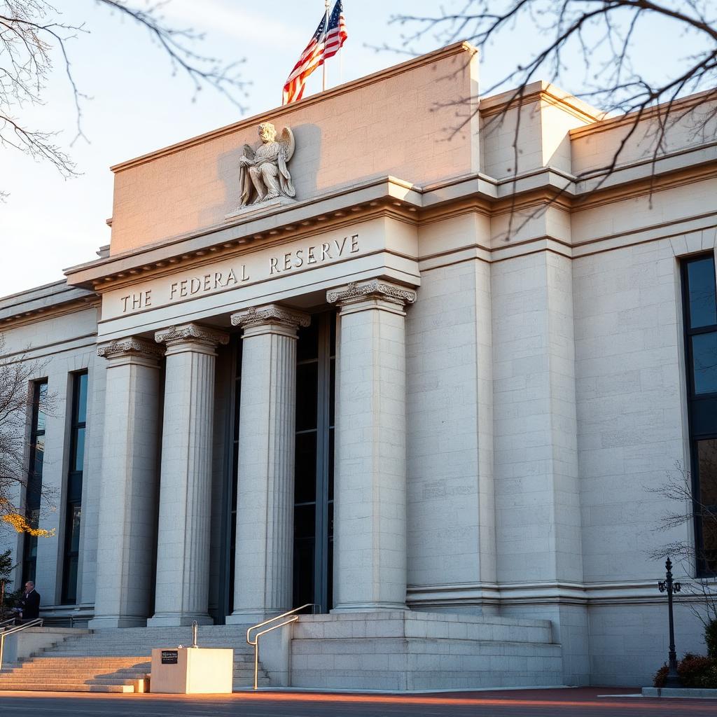 Front facade of the Federal Reserve Board Eccles Building in Washington DC in late afternoon light representing the FOMC rate decisions that set high-yield savings account APYs