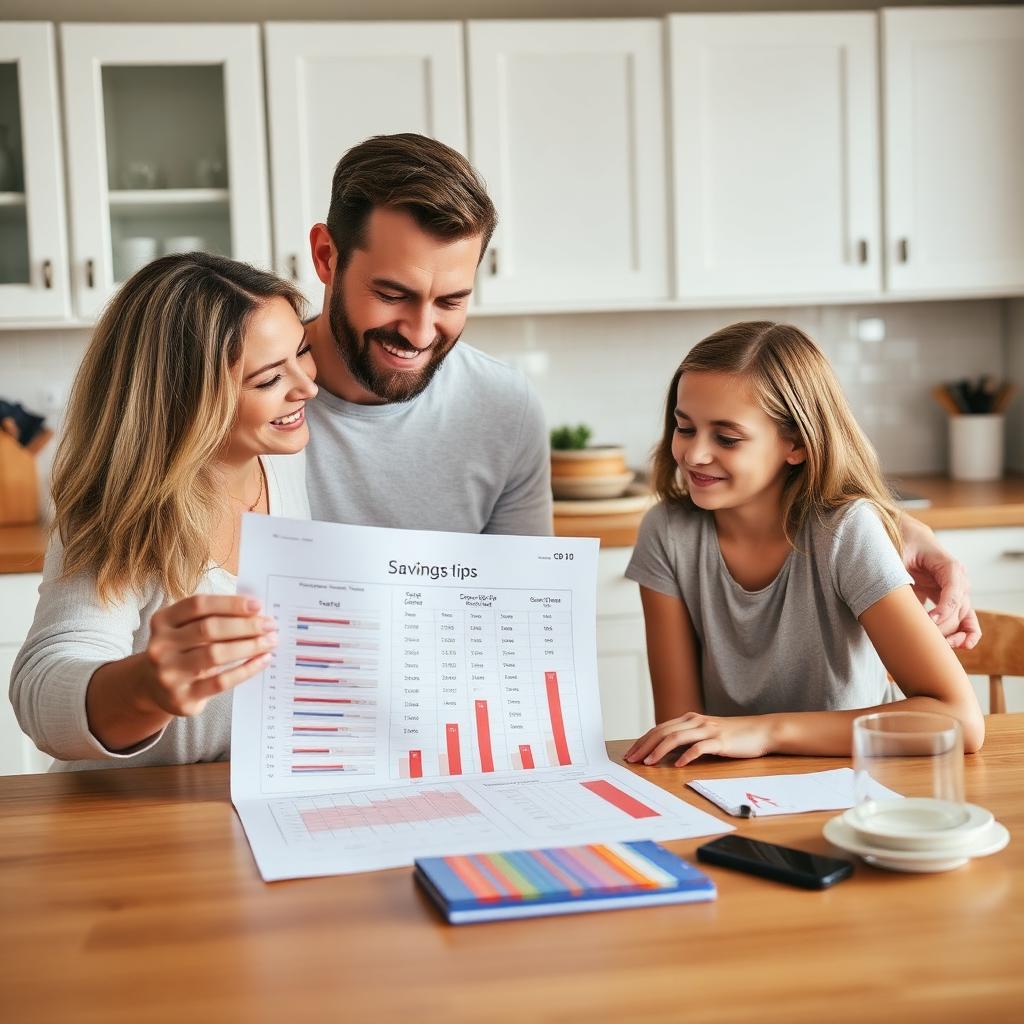 American family reviewing a printed savings and certificate of deposit ladder chart at a bright kitchen table planning short-term savings goals