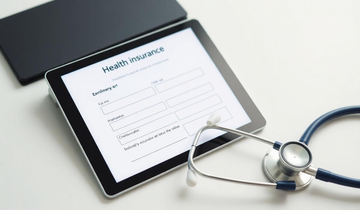 Health insurance enrollment form on tablet with stethoscope on clinical desk