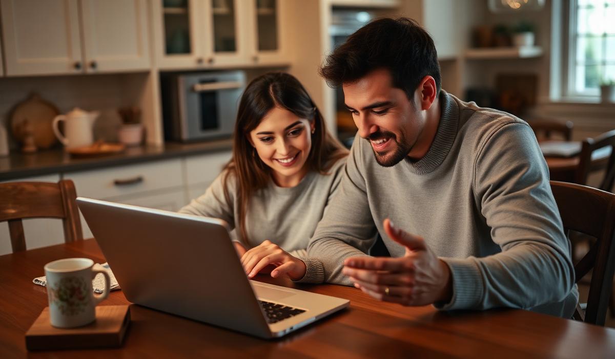 Family reviewing health insurance plan options on laptop at kitchen table
