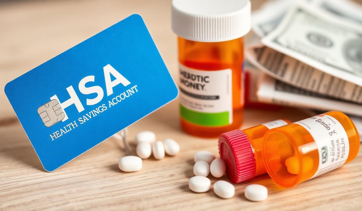 HSA health savings account card next to prescription medication bottles and medical bills