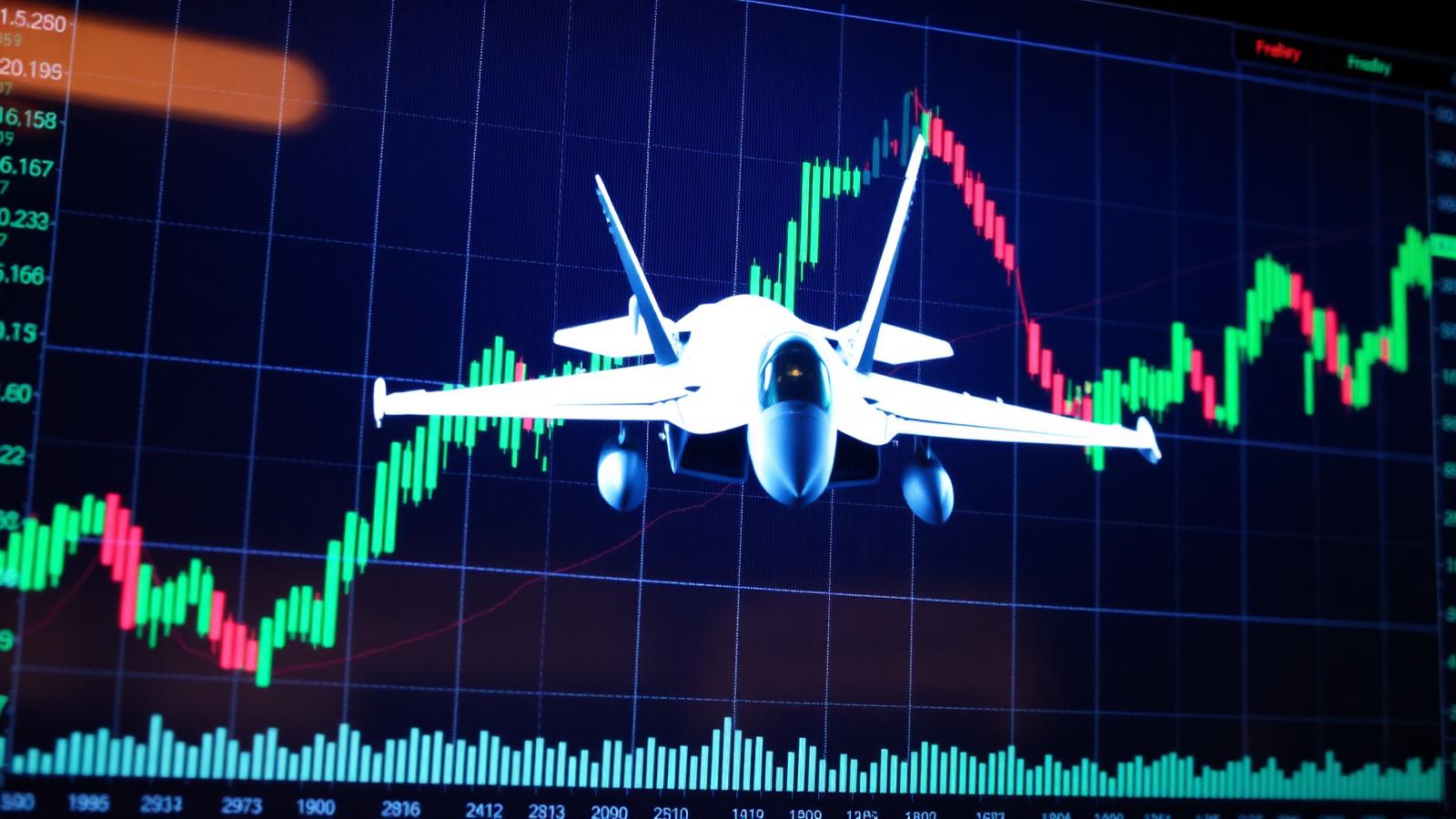 Defense aerospace stocks chart on trading screen with fighter jet overlay showing rising prices during US-Iran tensions May 2026