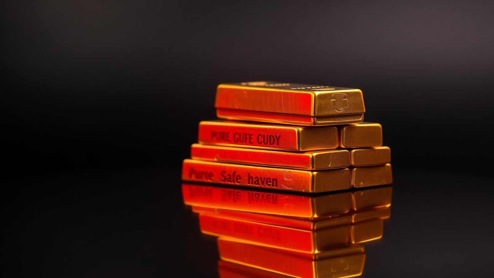 Stack of pure gold bullion bars on dark surface with red glow representing safe haven asset gold price near 4000 dollars during US-Iran tensions 2026