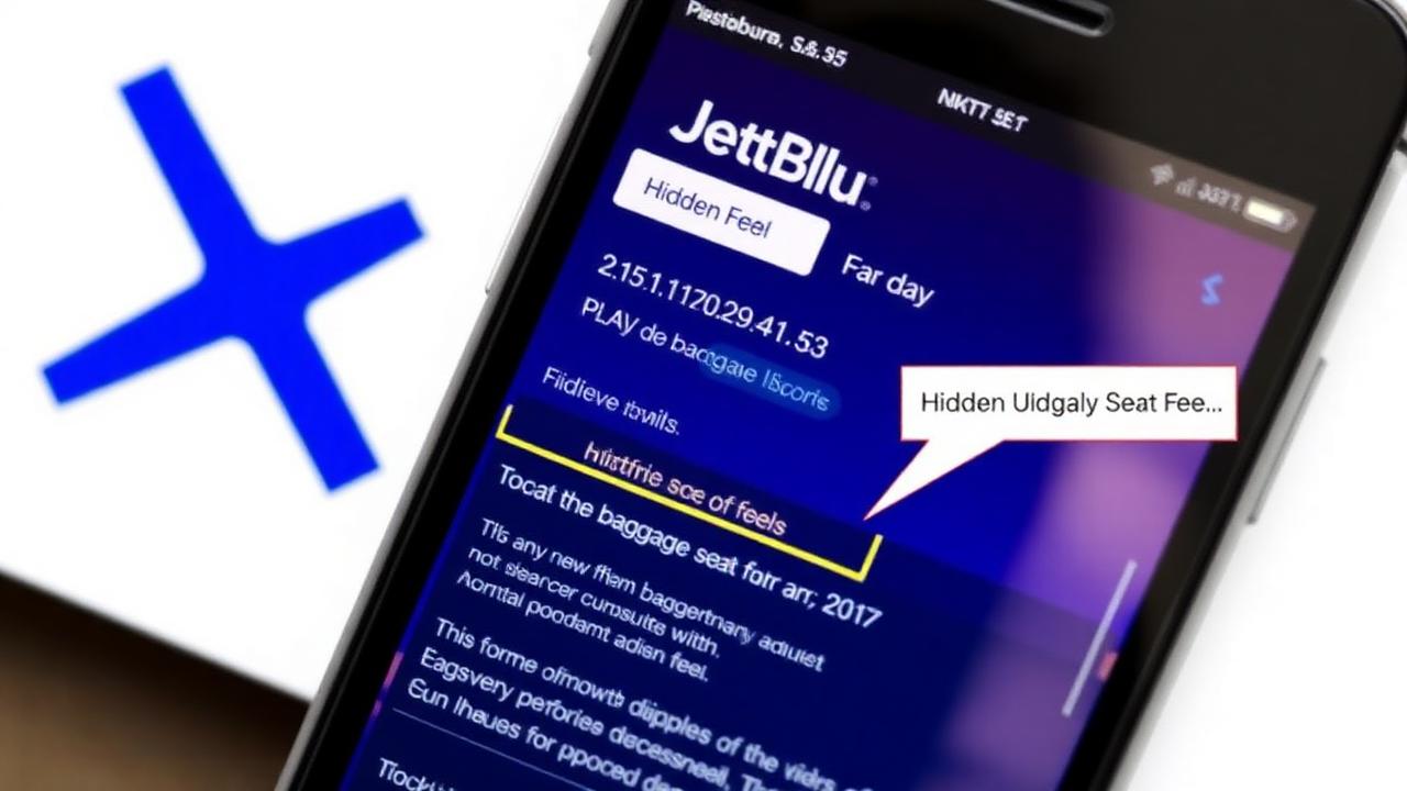Smartphone screen showing JetBlue ticket fare with hidden baggage seat and carry-on fees breakdown highlighted, US airline drip pricing 2026