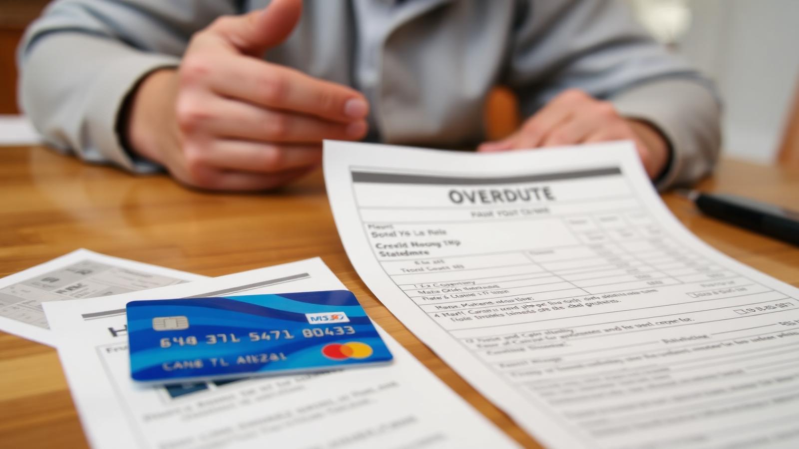 Credit card debt statement and overdue payment notices on kitchen table representing rising household financial stress for lower income Americans in 2026