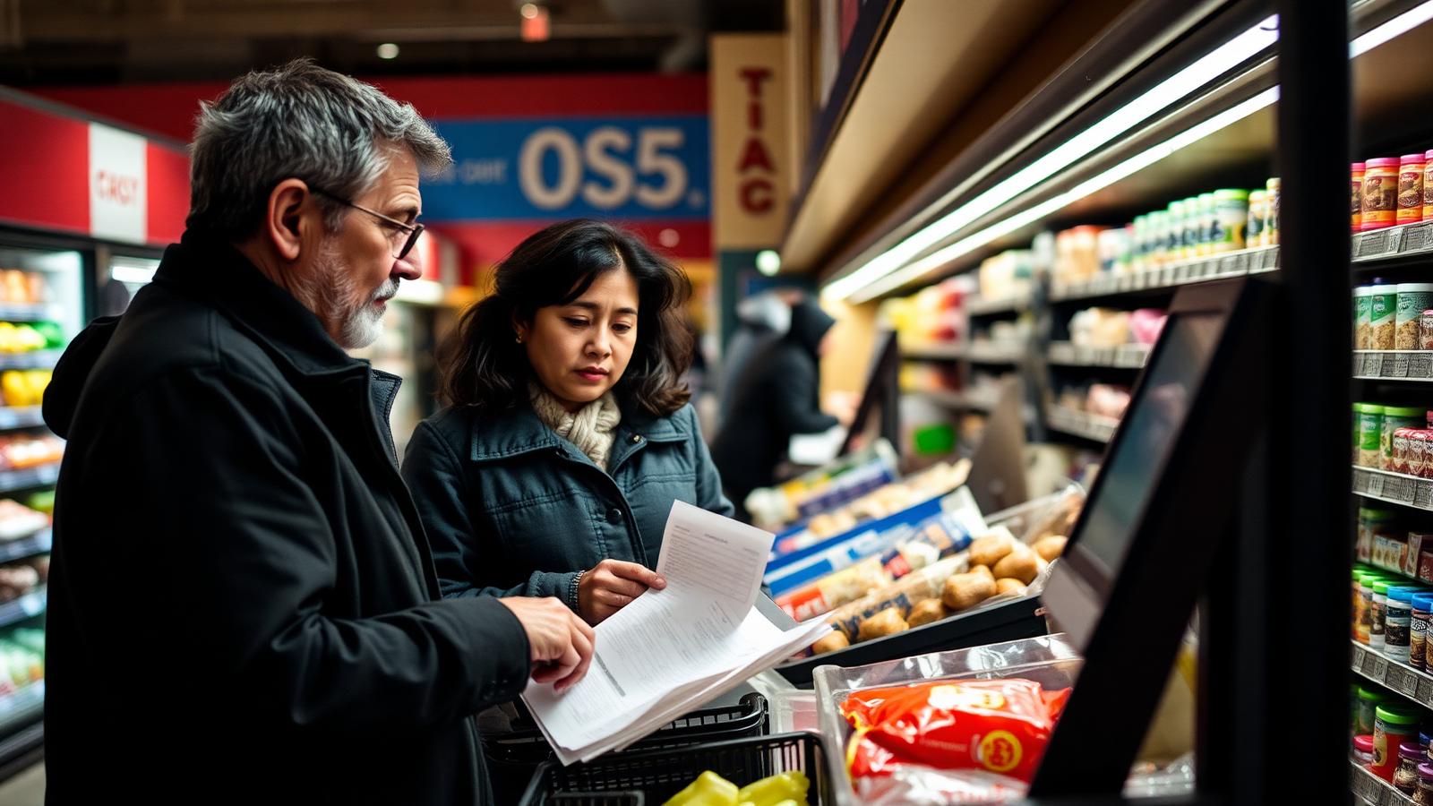 Working class family at grocery store checkout looking at receipt with concern representing rising food costs and economic strain for lower-income households in 2026