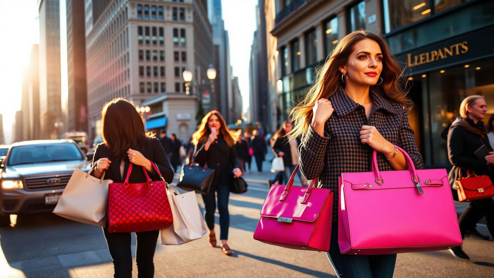 Luxury shoppers carrying designer bags on Fifth Avenue New York City representing strong high-income consumer spending in the K-shaped economy of 2026