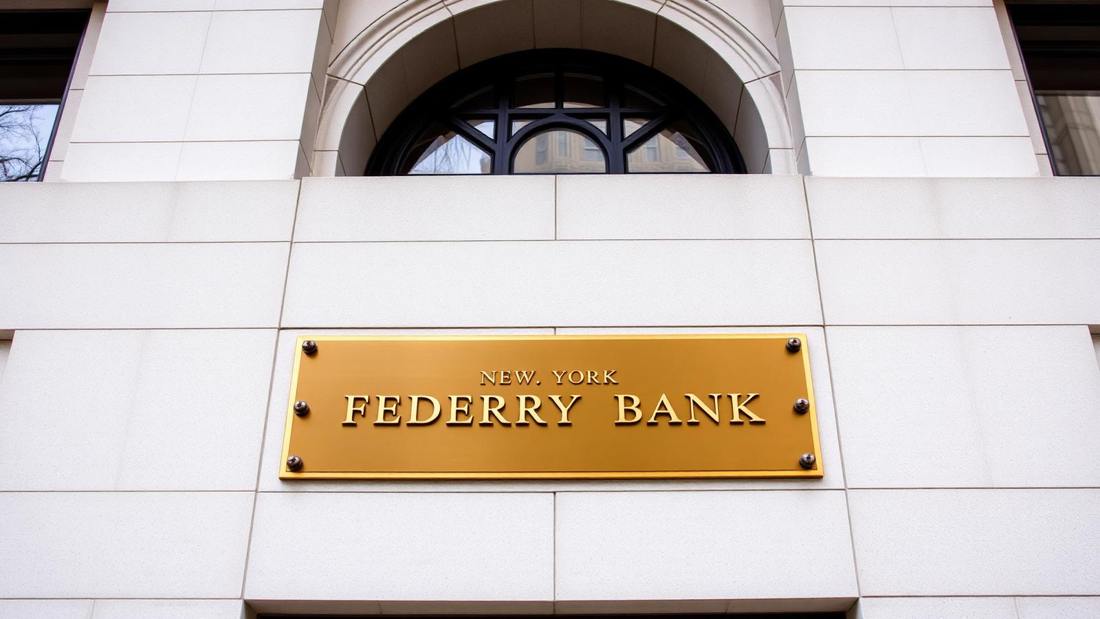 Federal Reserve Bank of New York Liberty Street stone facade with brass plaque showing the source of the May 2026 K-shaped economy research
