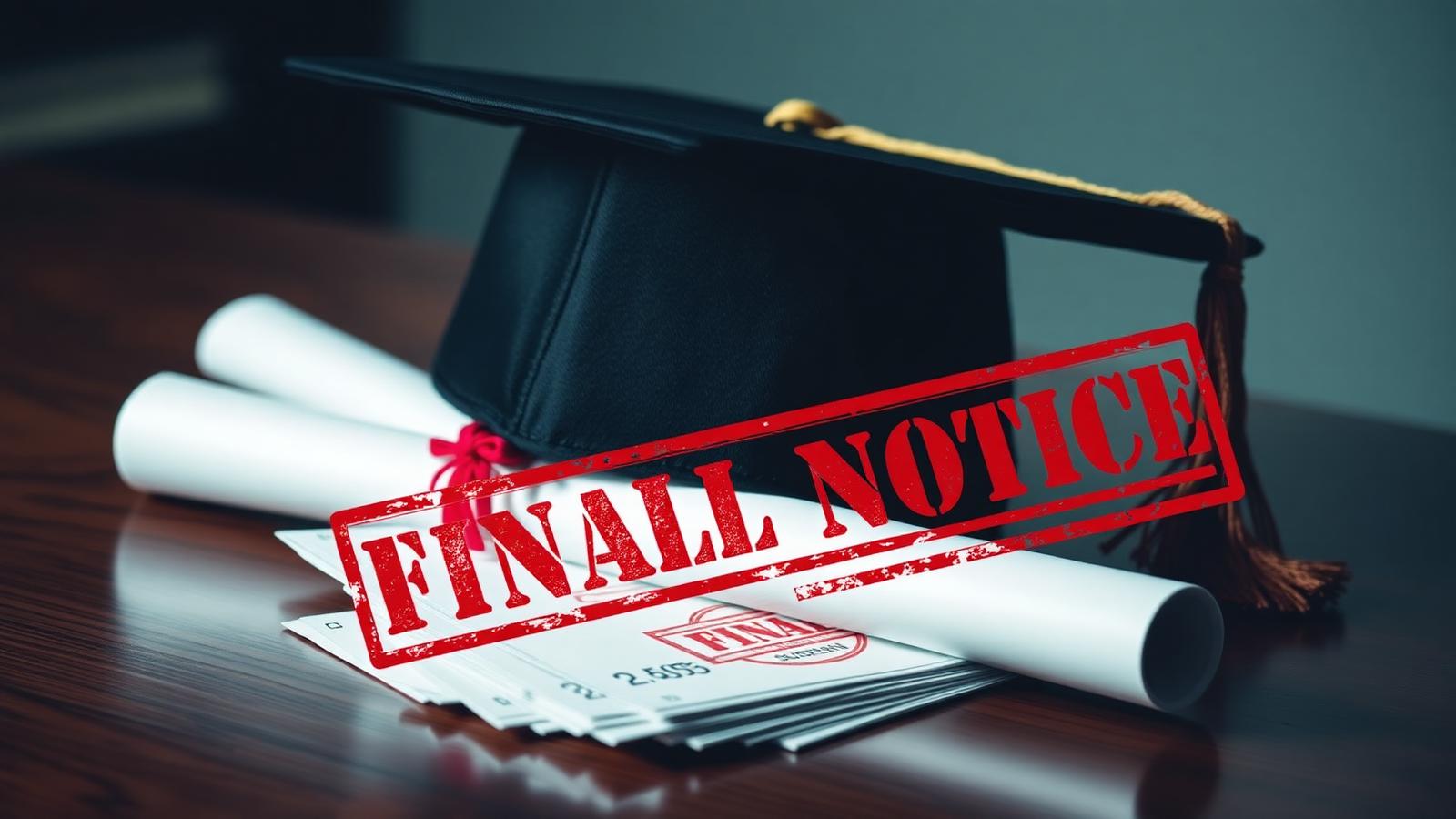 Graduation cap and student loan final notice bills with red FINAL NOTICE stamp representing defaulted student loan crisis facing American borrowers in 2026