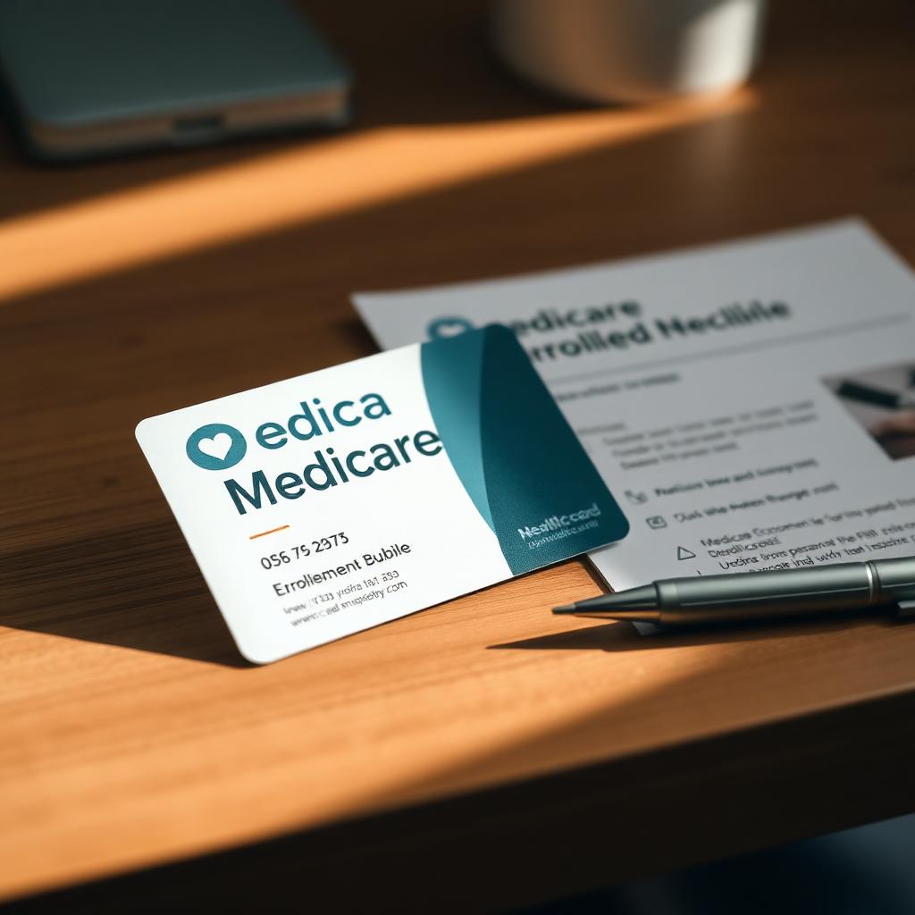 Red white and blue Medicare enrollment card on a wooden desk in warm afternoon light next to an enrollment guide booklet and a pen ready for a new beneficiary to complete Part B application
