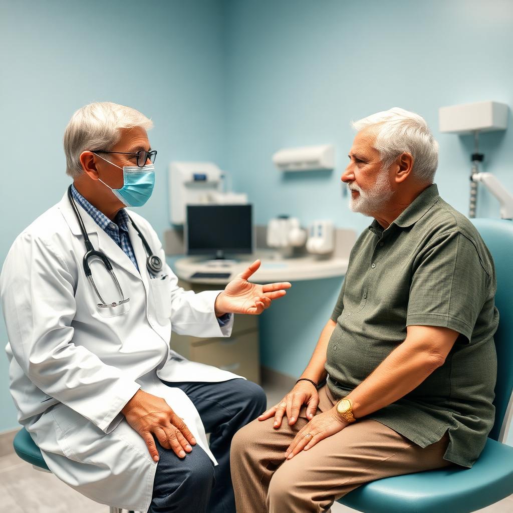 Doctor in a white coat with a mask consulting with a senior American patient wearing a green polo shirt sitting in a modern clinic exam room