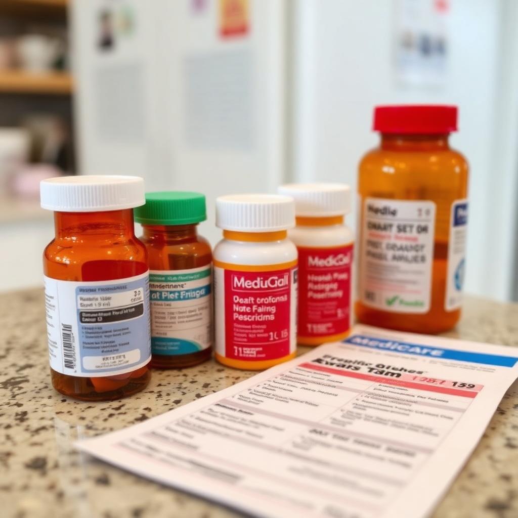 Multiple prescription medication bottles arranged on a kitchen counter next to a Medicare Part D benefits booklet showing the 2026 two thousand dollar out of pocket cap information