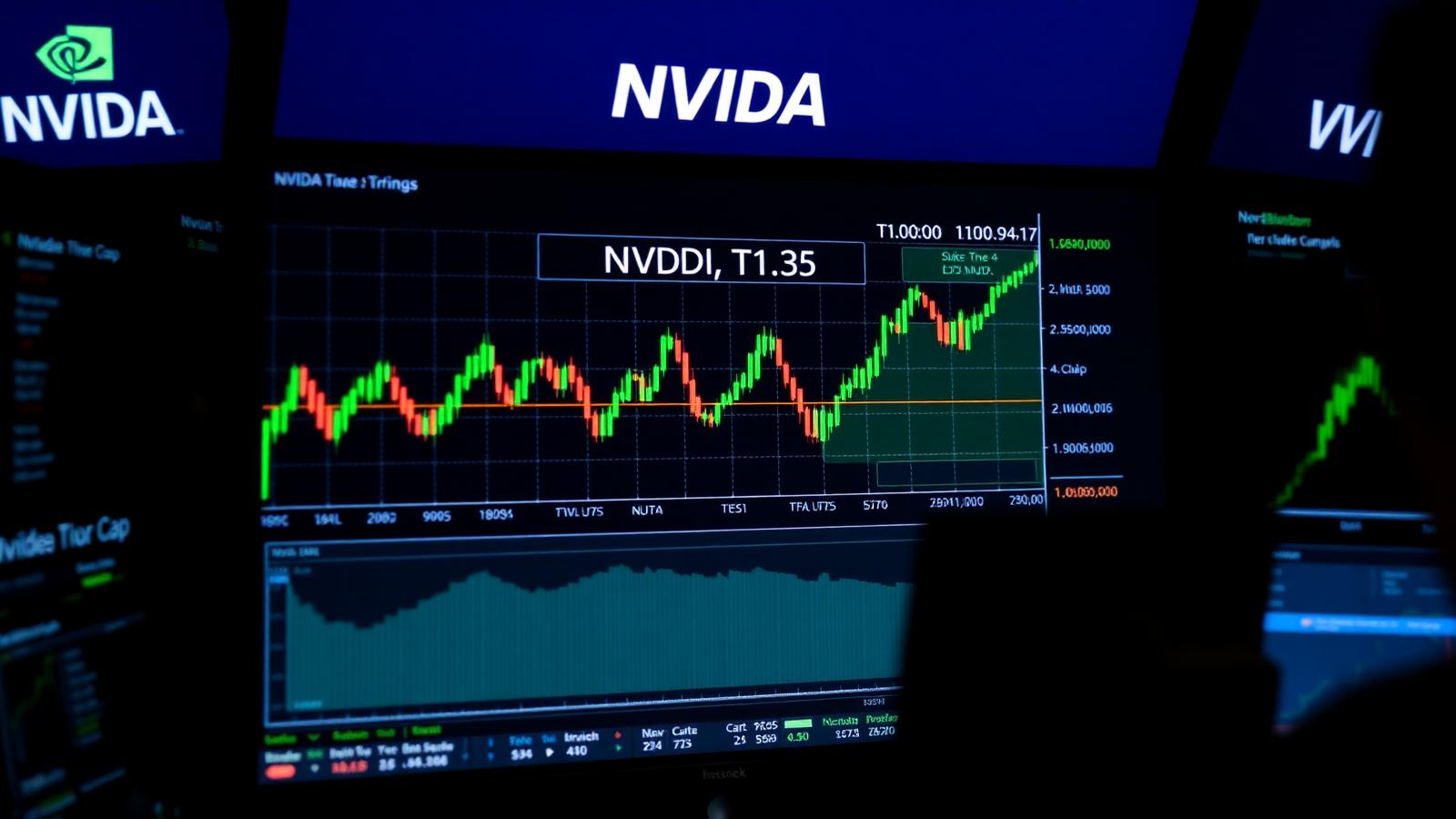 Bloomberg-style trading terminal screen showing Nvidia NVDA stock candlestick chart hitting all-time high above 5 trillion dollar market cap in April 2026