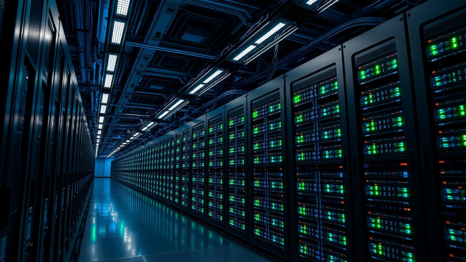 Massive AI data center server hall with rows of Nvidia GPU racks glowing blue and green LED lights representing hyperscale AI infrastructure investment in 2026