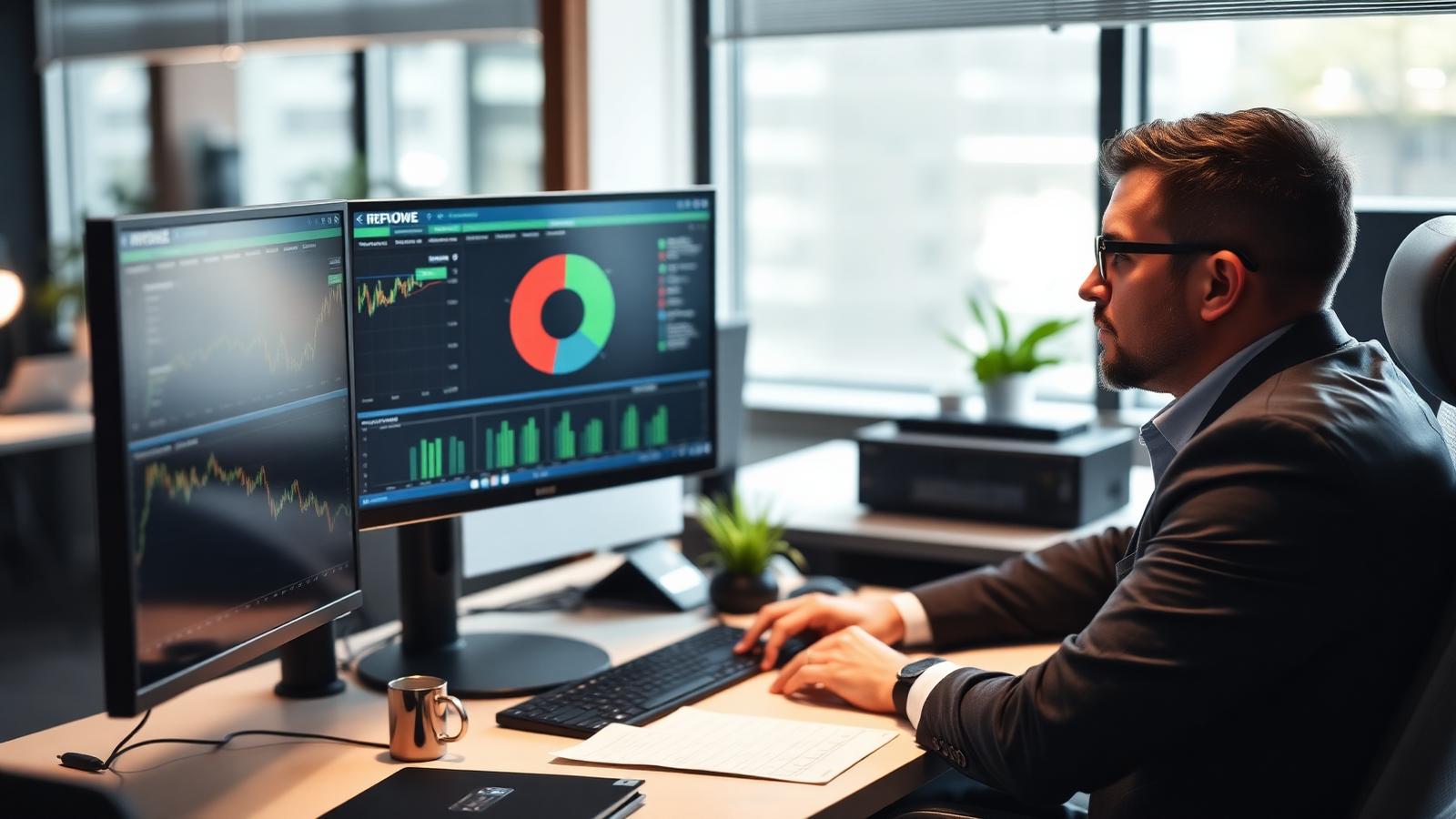 Wall Street investor analyst at desk reviewing Nvidia earnings report and portfolio allocation pie chart on dual monitors making buy hold sell decision on NVDA stock 2026