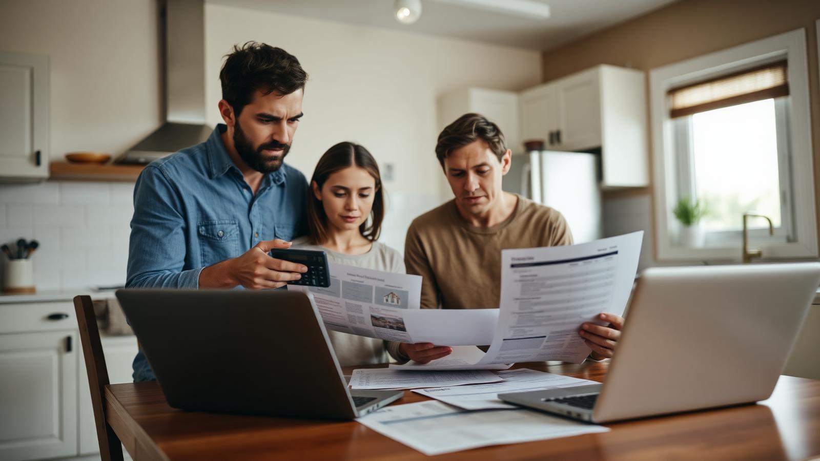 American family reviewing household bills mortgage statement and calculator at kitchen table affected by 2026 crude oil price inflation impact