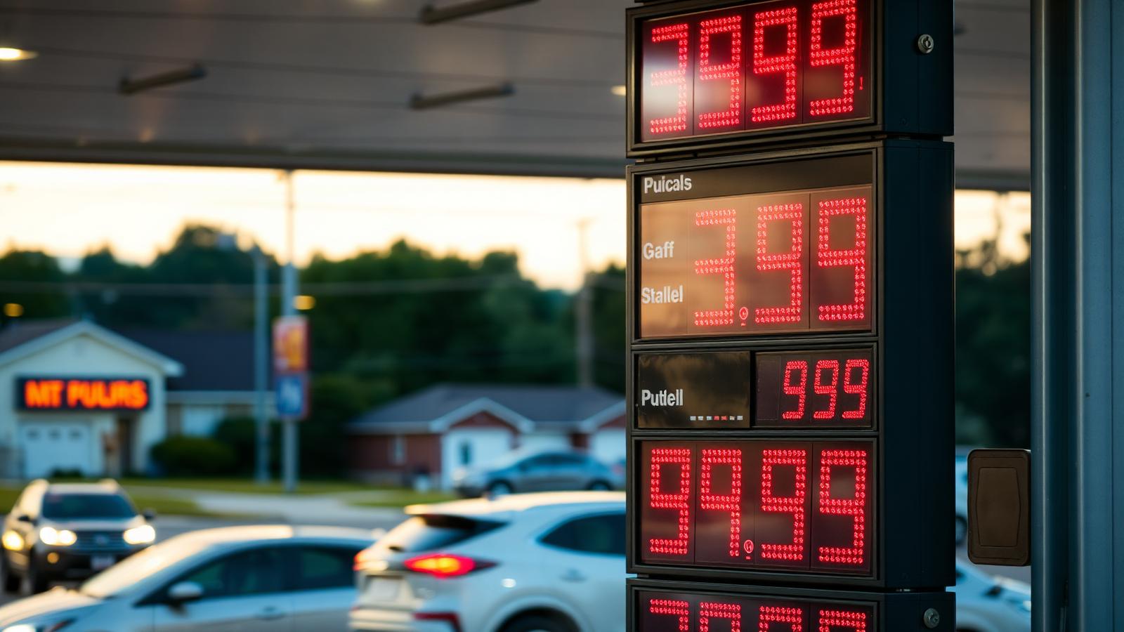American gas station price sign at dusk displaying rising fuel prices in red LED numbers reflecting 2026 crude oil price shock at the pump