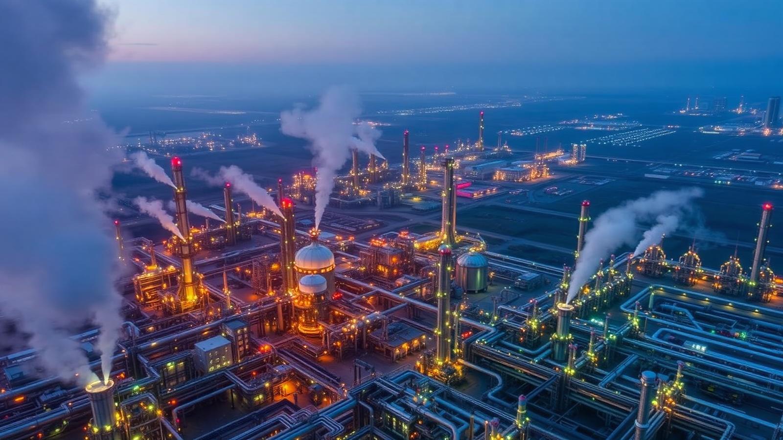 Aerial view of a major crude oil refinery complex at twilight illustrating global energy infrastructure affected by 2026 Hormuz oil price shock