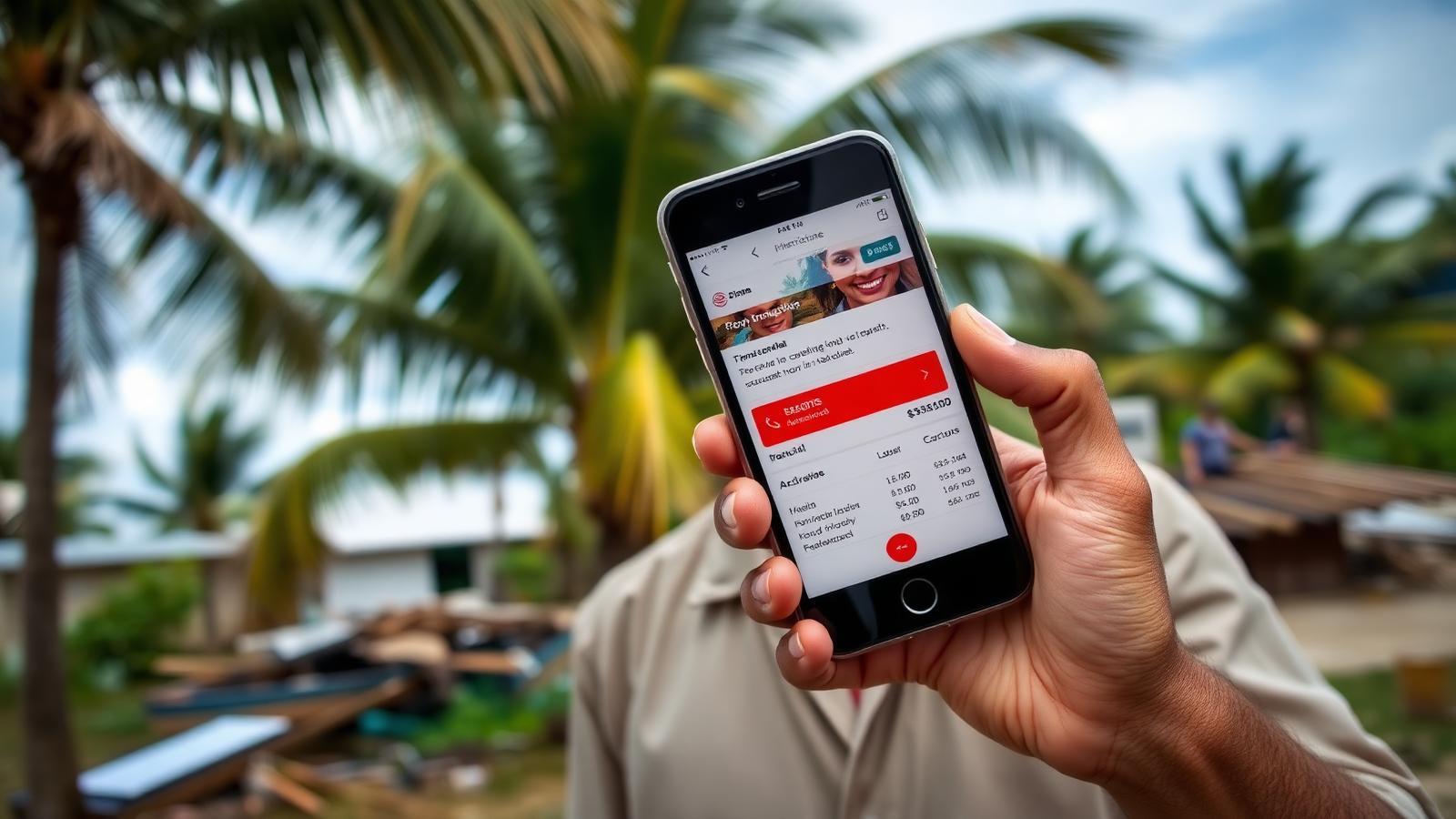 Caribbean farmer receiving instant parametric insurance payout via smartphone after hurricane damaged crops in 2026 documenting climate risk insurance technology in emerging markets