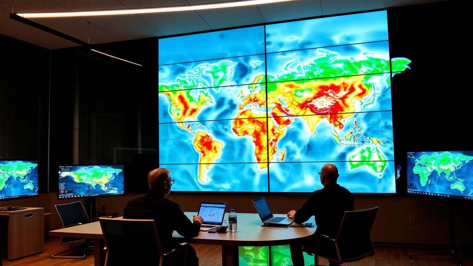 Swiss Re Munich Re reinsurance executives in modern office reviewing global climate risk maps on wall screens evaluating parametric insurance pricing models for 2026