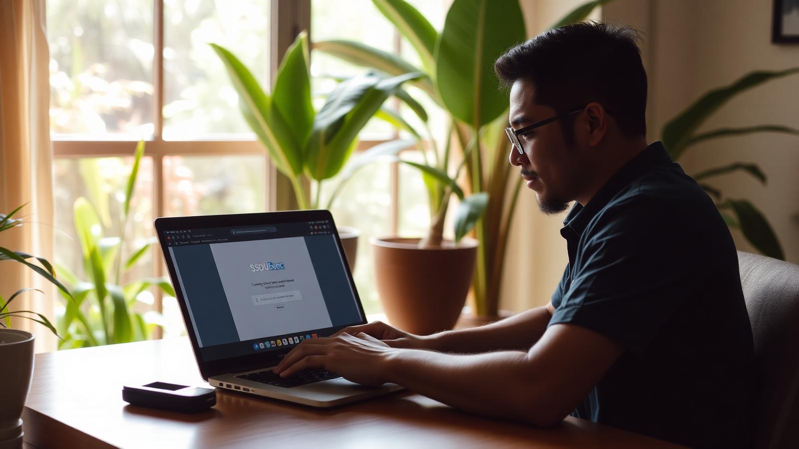 Remote worker in a tropical home office receiving USDC payment notification