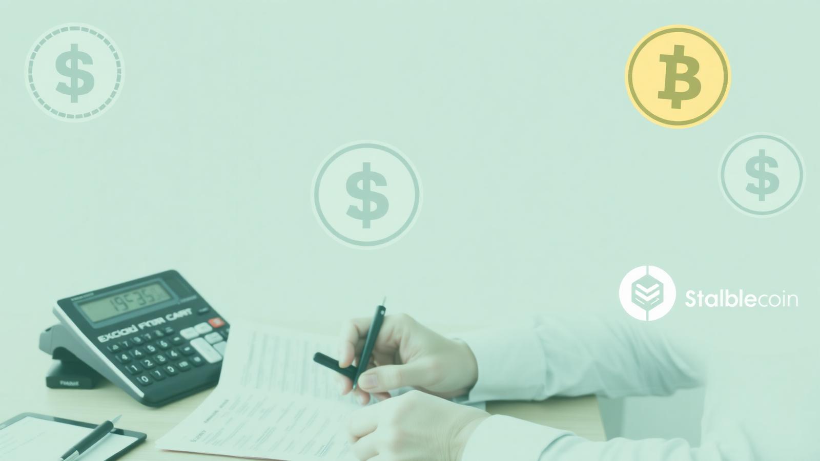 Accountant reviewing crypto payroll tax forms with calculator and stablecoin logos