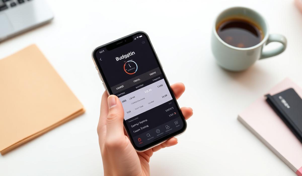Person budgeting on smartphone app showing savings goals and expense tracking