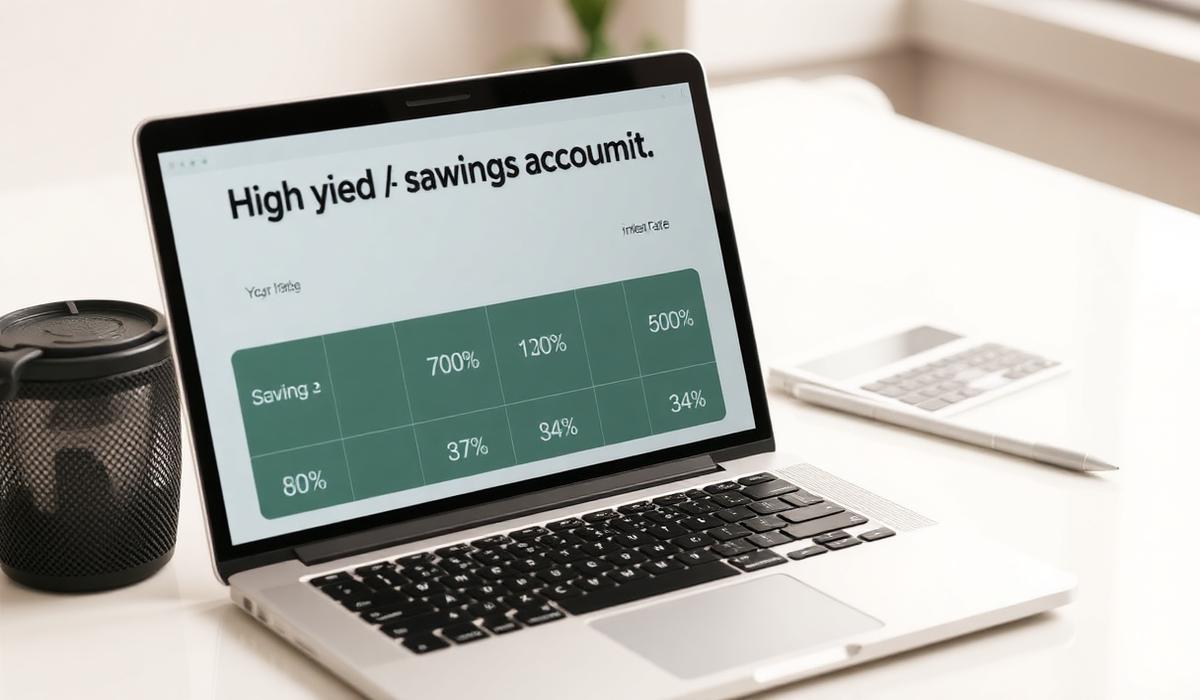 High yield savings account comparison on laptop showing interest rate percentages