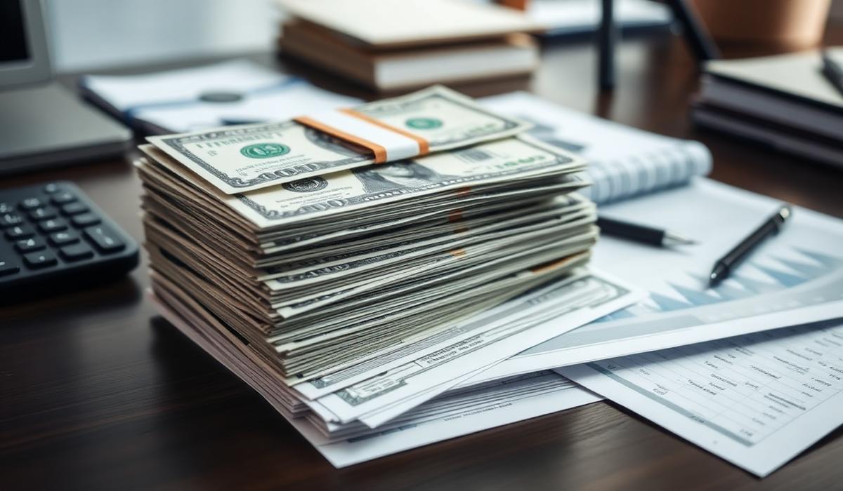 Stack of US Treasury bills and financial planning documents on professional desk