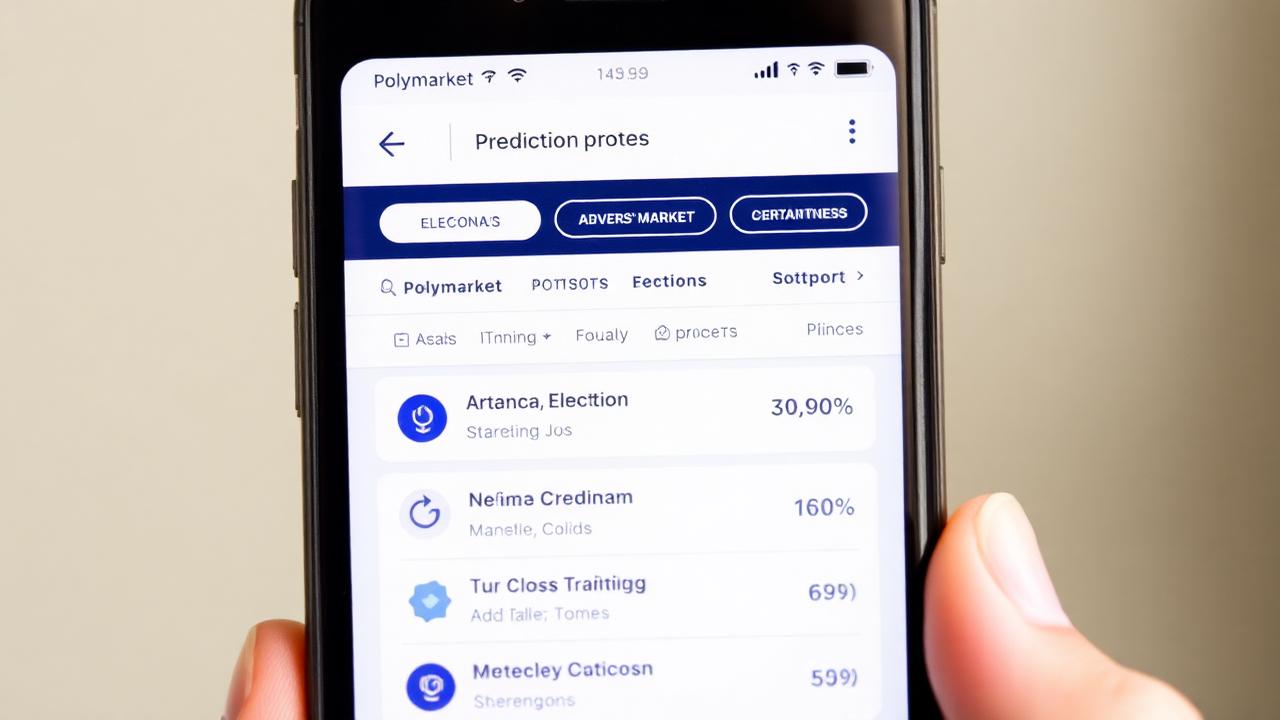 Polymarket prediction market app showing election odds and crypto contracts