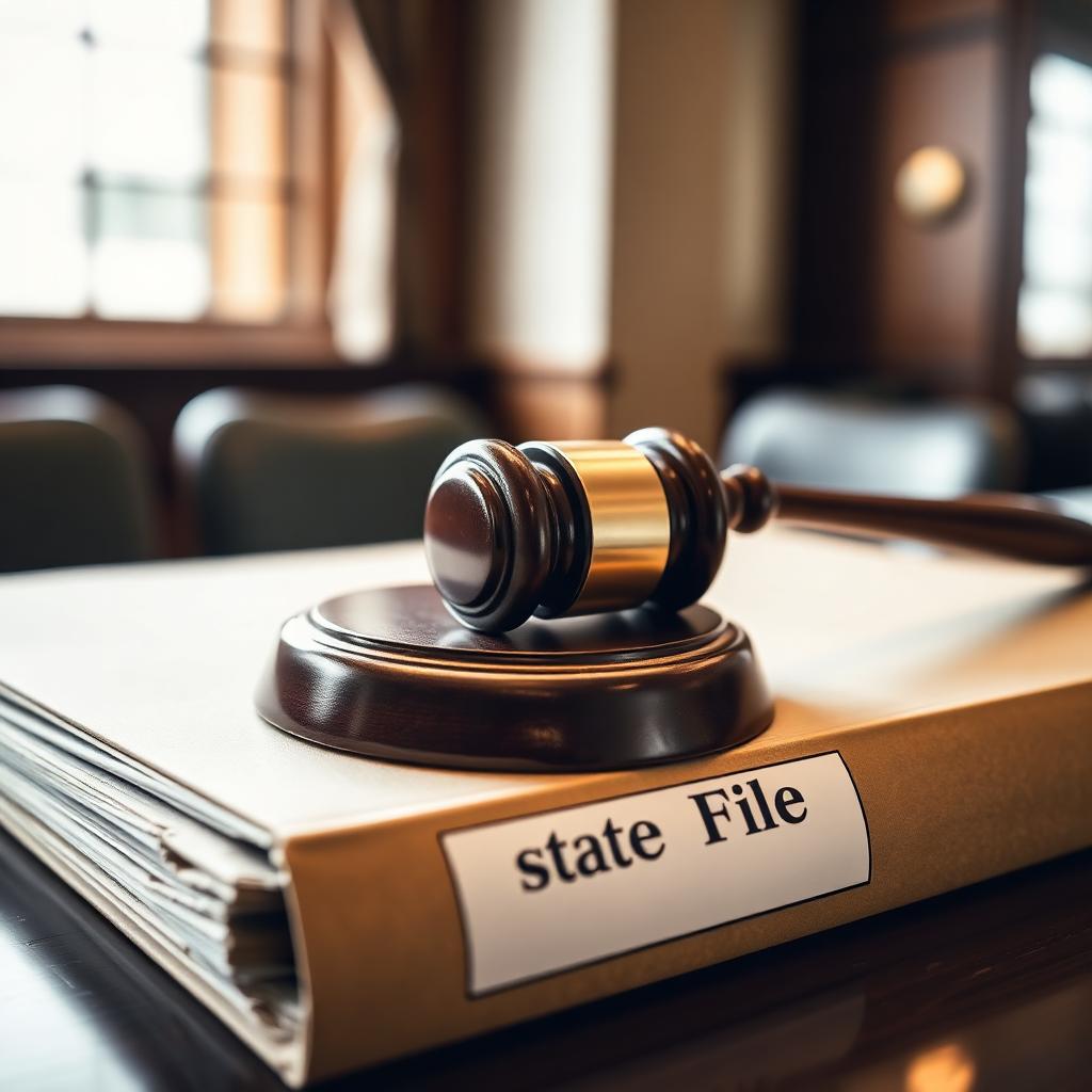 Close editorial photograph of a wooden judge gavel resting on top of a manila folder labeled Estate File on a courtroom desk with soft window light representing the probate court system that supervises US estate administration