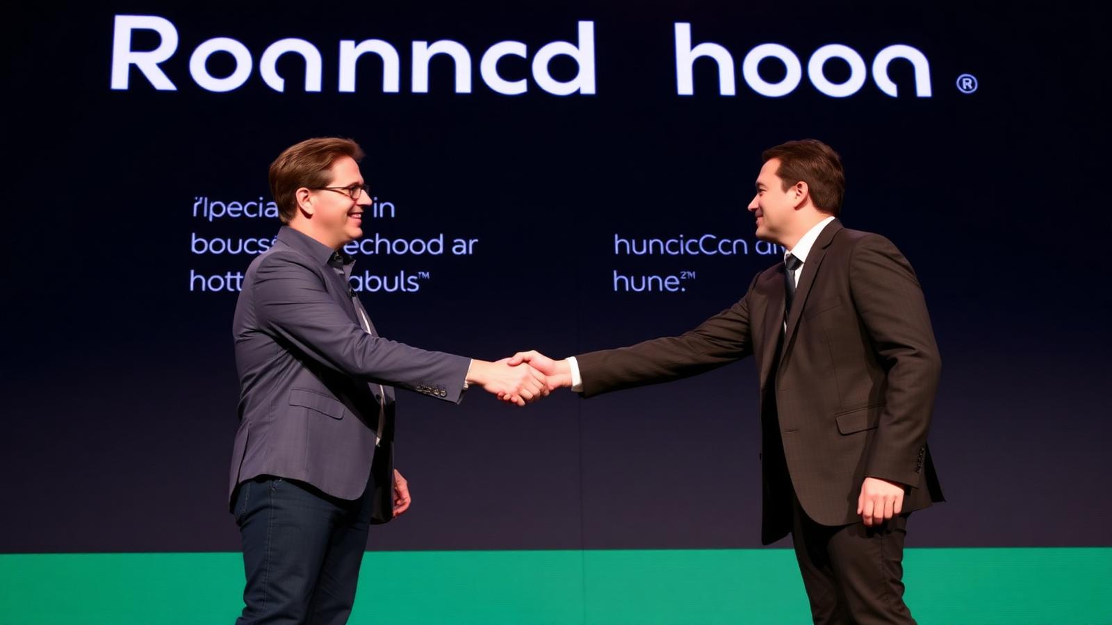 OpenAI CEO and Robinhood CEO style executives shaking hands on stage announcing landmark 2026 AI trading partnership integrating GPT into retail brokerage app