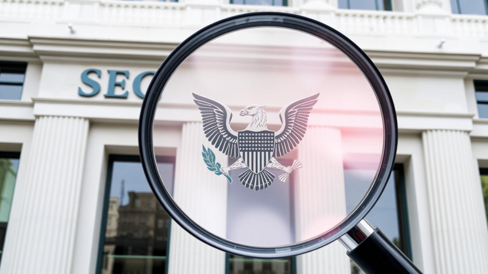 US Securities and Exchange Commission SEC building exterior with magnifying glass overlay representing intense regulatory scrutiny of AI in retail trading and brokerage apps in 2026