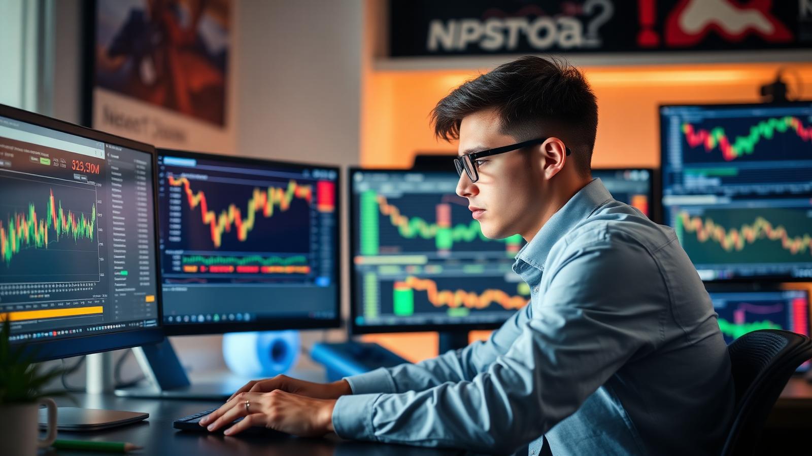 Young retail investor at home office using Robinhood app with embedded OpenAI AI assistant analyzing stocks across multiple monitors in 2026 representing the future of AI powered retail trading
