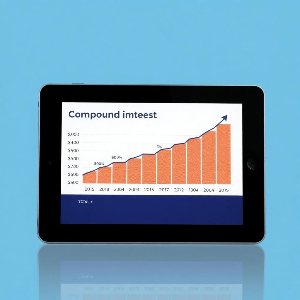 Tablet displaying a compound interest bar chart projecting decades of retirement account growth with rising orange bars and a blue upward trend line