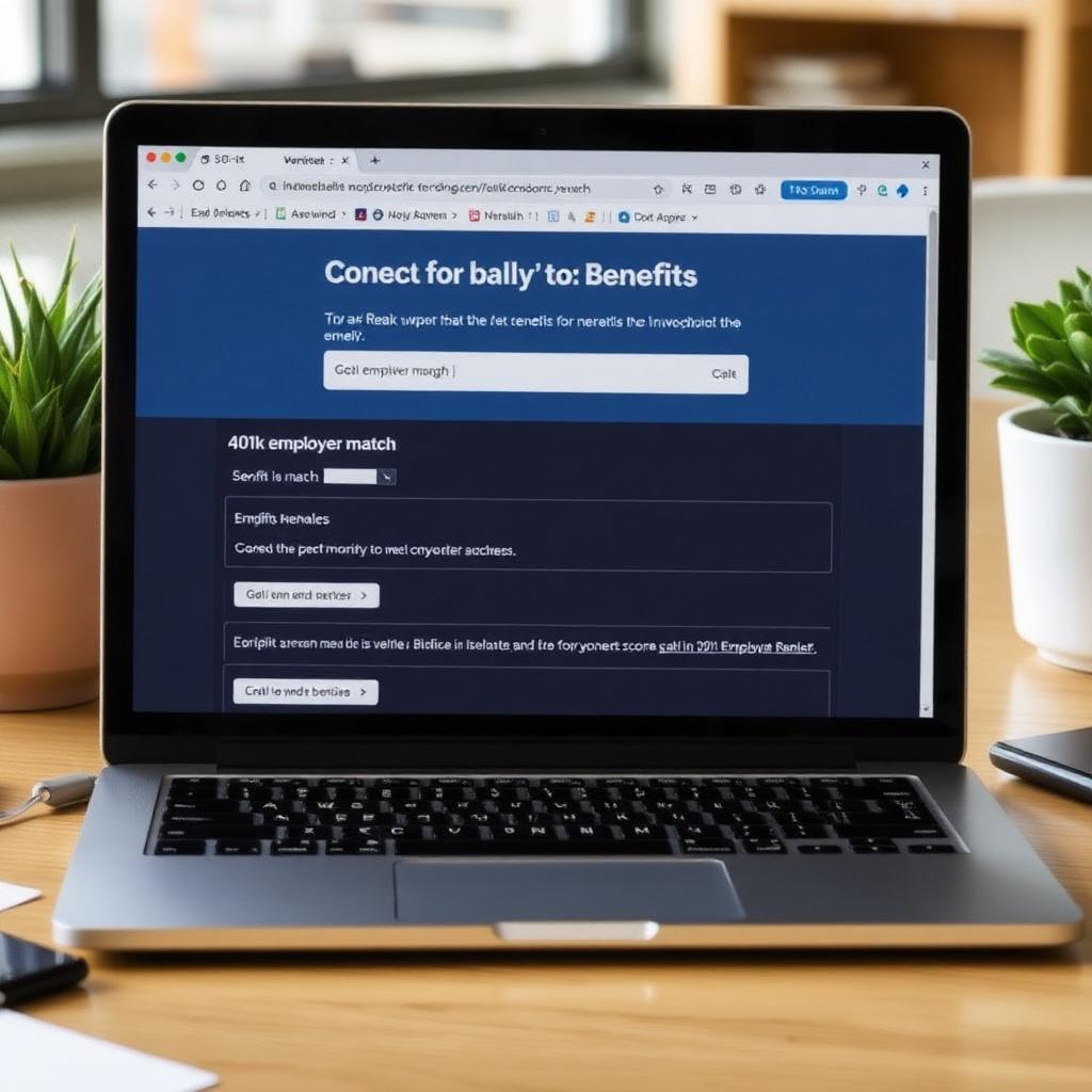 Laptop screen showing a company benefits enrollment portal open to the 401k employer match section during open enrollment period in a modern office setting