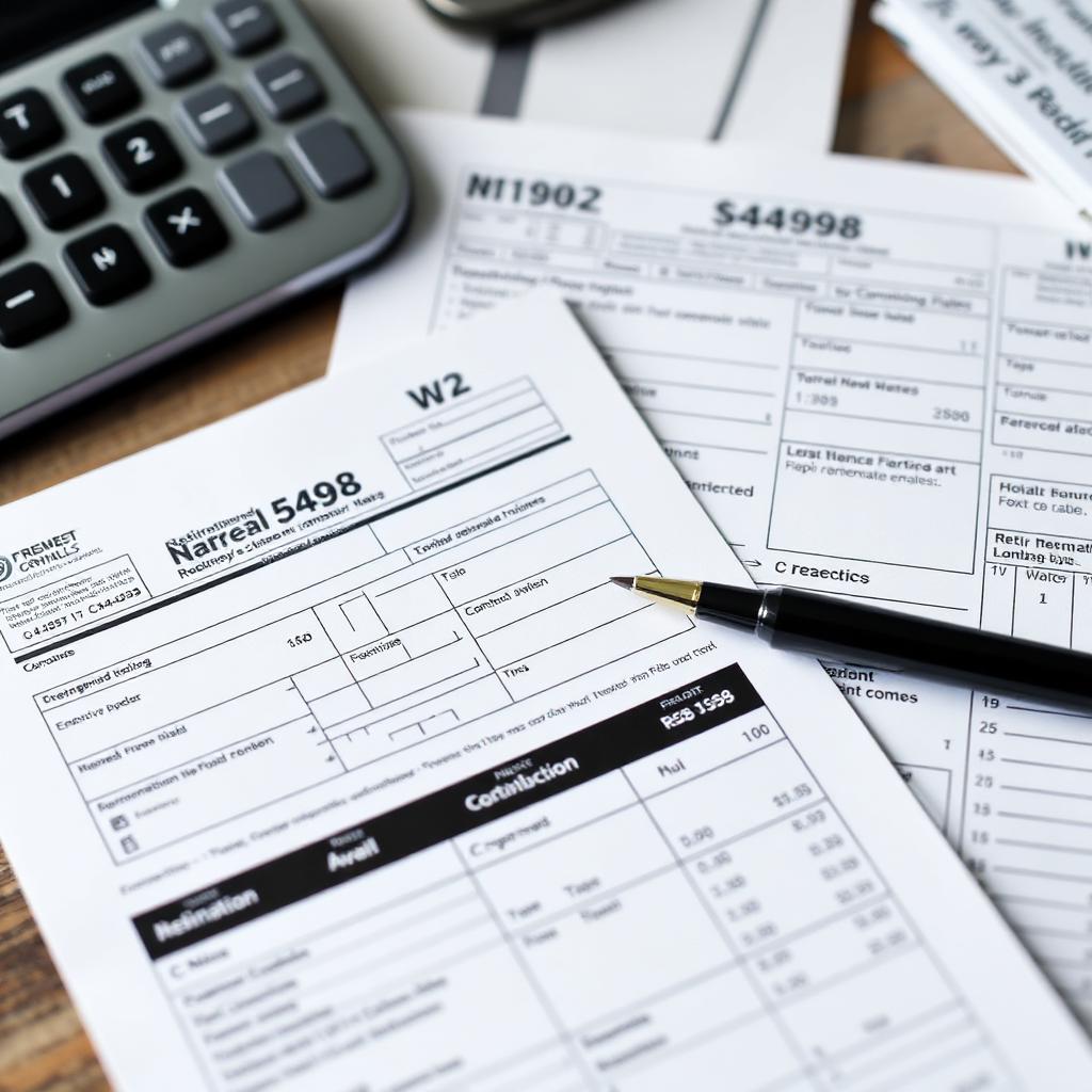 Retirement paperwork on a wooden desk showing an IRS Form 5498 contribution reporting document and a W-2 wage statement alongside a black calculator representing Roth IRA and 401k contribution tax reporting