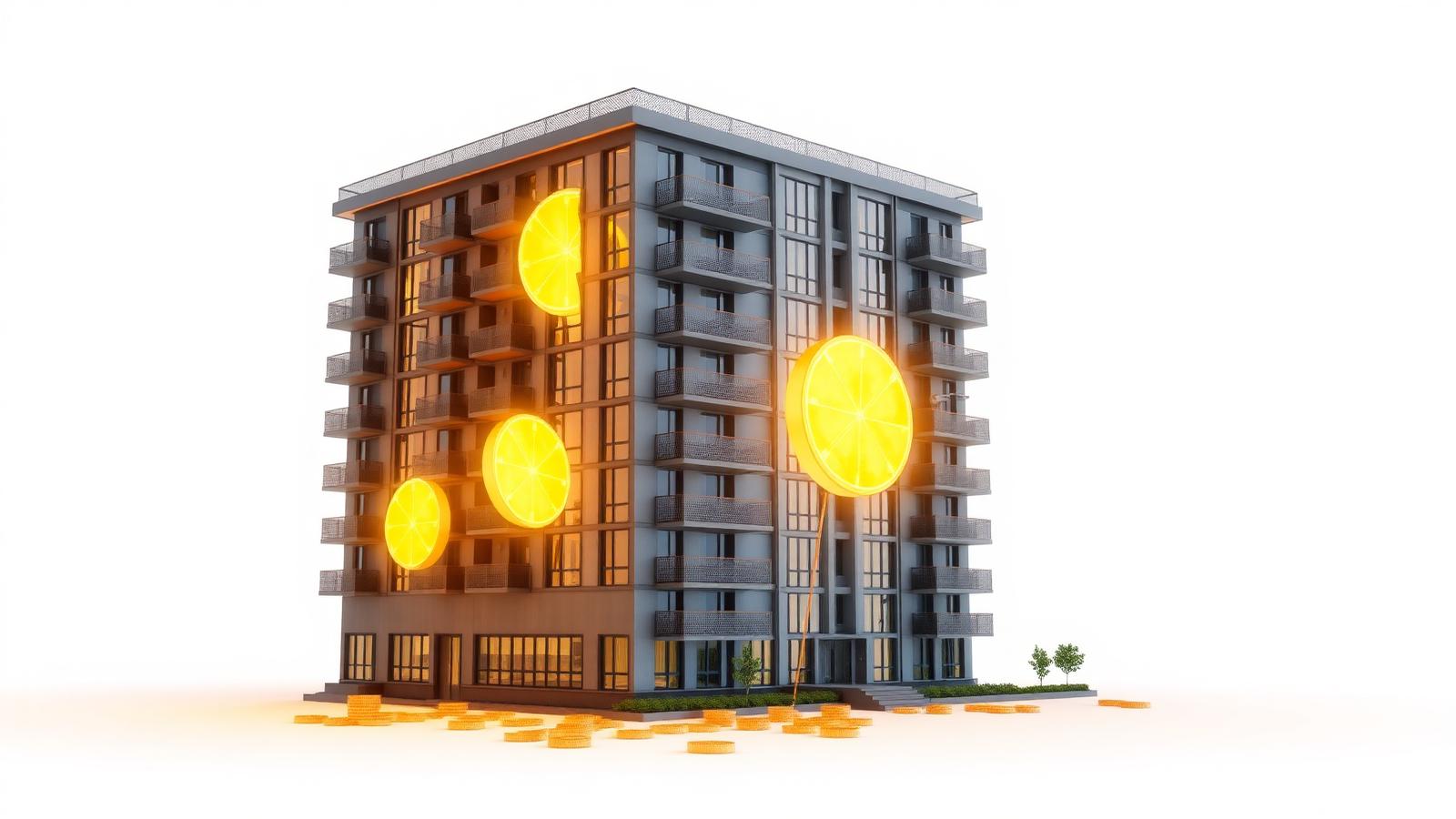 An apartment building broken into glowing fractional ownership tokens