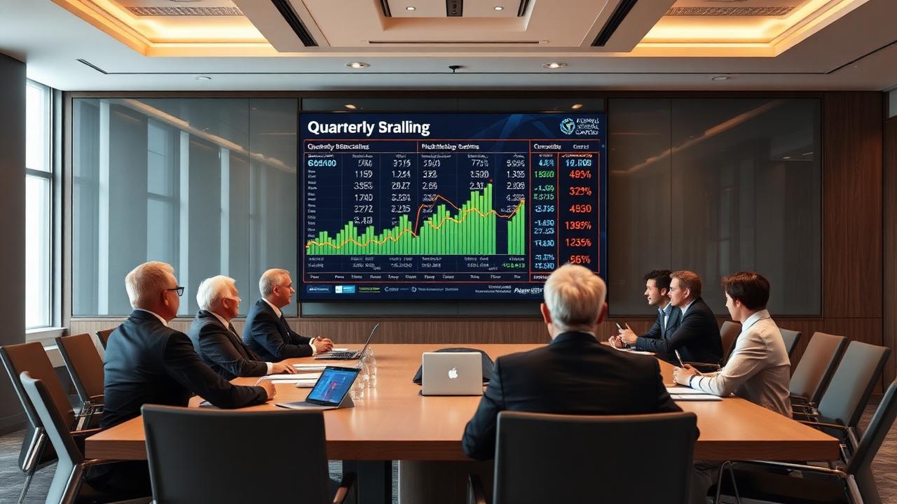 Corporate boardroom executives reviewing quarterly earnings transition to semi-annual reporting