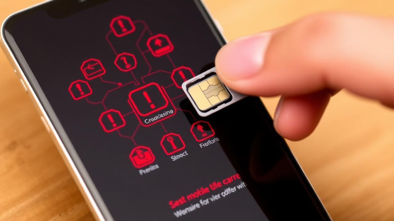 Hand inserting SIM card into smartphone with red warning icons showing SIM swap fraud risk for US Verizon AT&T T-Mobile customer accounts in 2026
