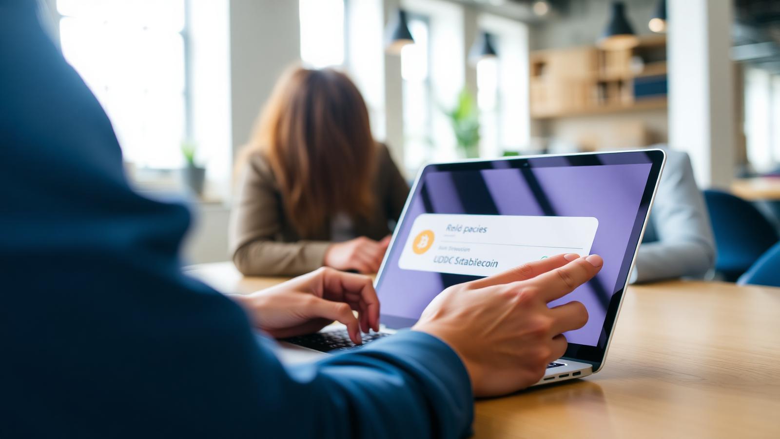 Freelancer receiving a USDC stablecoin payment on a laptop in a coworking space