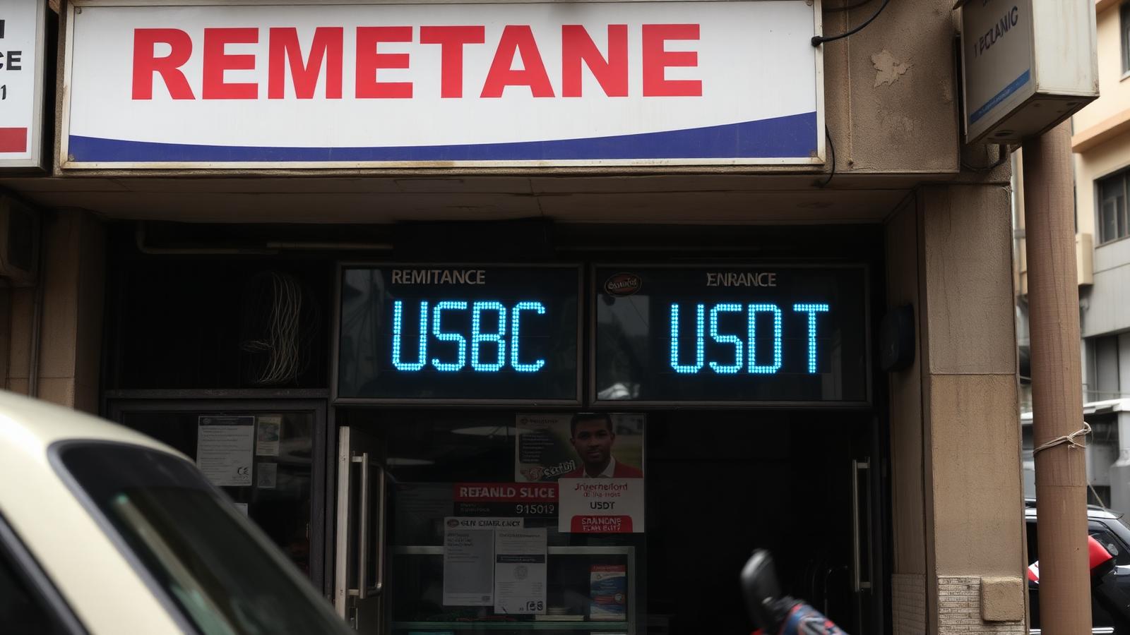 A remittance shop in Lagos with a digital sign showing USDC and USDT exchange rates