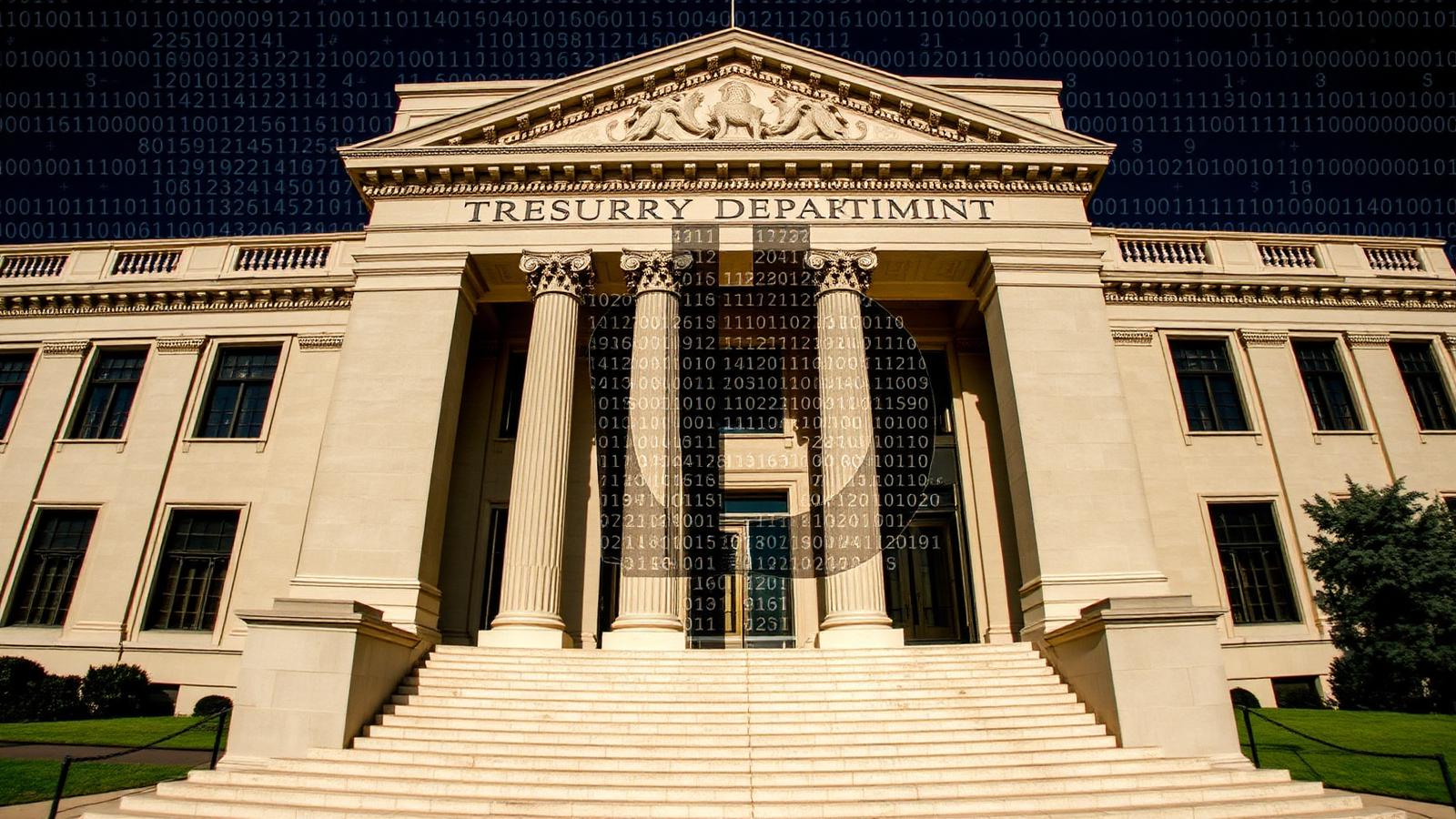 U.S. Treasury Department building with overlay representing GENIUS Act stablecoin regulation