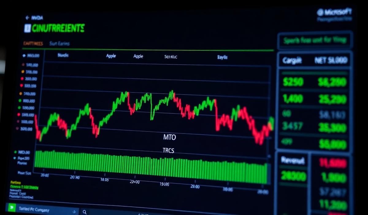 Tech company earnings report on screen showing revenue charts and financial data